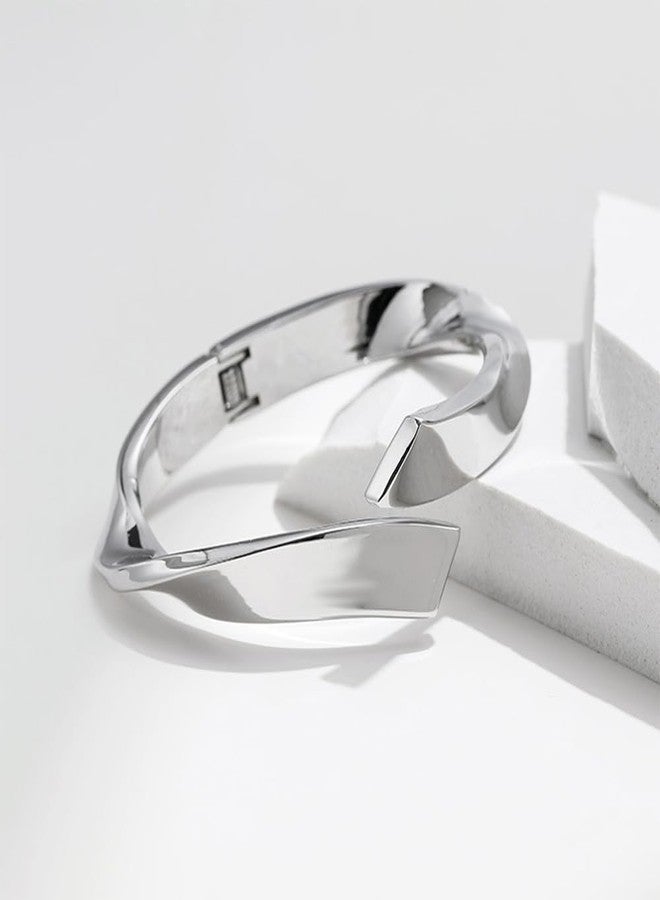 YERTTER Dainty Minimalist Metal Wide Irregular Bangle Cuff Bracelet Hammered Open Wrist Cuff Gothic Chunky Bangle Statement Bracelets for Women(Silver) - Image 5