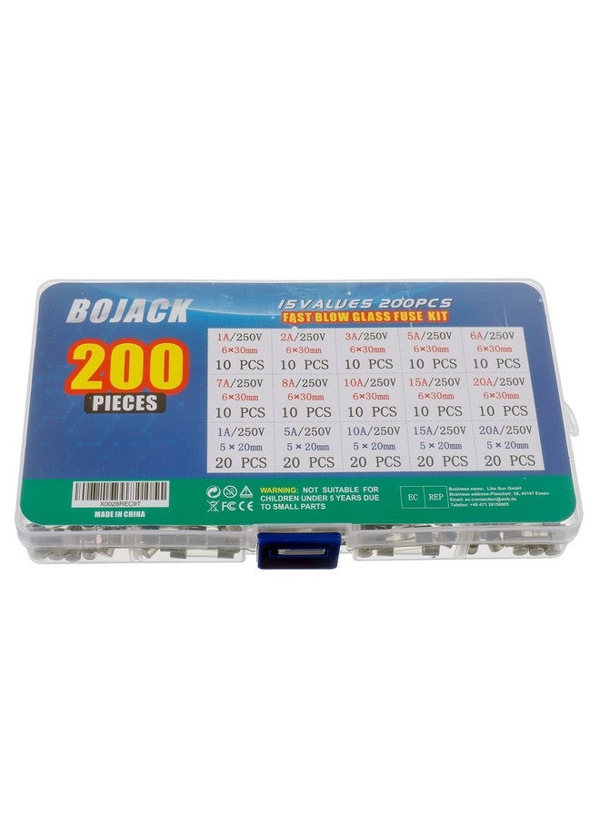 BOJACK 15 Values 200 pcs Fast-Blow Glass Fuses Assortment Kit 5x20mm 250V 1 5 10 15 20A 6x30mm 250V 1 2 3 5 6 7 8 10 15 20A amp packag in a Clear Plastic Box - Image 3