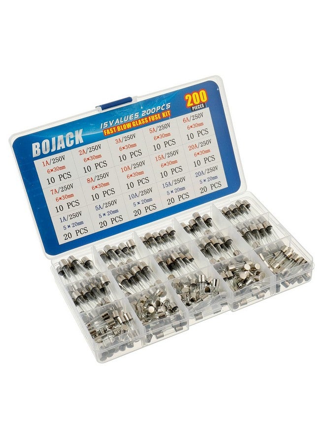 BOJACK 15 Values 200 pcs Fast-Blow Glass Fuses Assortment Kit 5x20mm 250V 1 5 10 15 20A 6x30mm 250V 1 2 3 5 6 7 8 10 15 20A amp packag in a Clear Plastic Box - Image 2