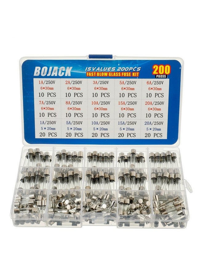 BOJACK 15 Values 200 pcs Fast-Blow Glass Fuses Assortment Kit 5x20mm 250V 1 5 10 15 20A 6x30mm 250V 1 2 3 5 6 7 8 10 15 20A amp packag in a Clear Plastic Box - Image 1