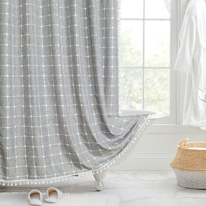 BOHO SHOWER CURTAIN SET 72 X 78 GREY FARMHOUSE 78 INCH LONG COTTON LINEN TASSEL ULTRA THICK HEAVY DUTY FABRIC SHOWER CURTAINS FOR CHIC COTTAGECORE FRENCH RUSTIC BATHROOM DECOR