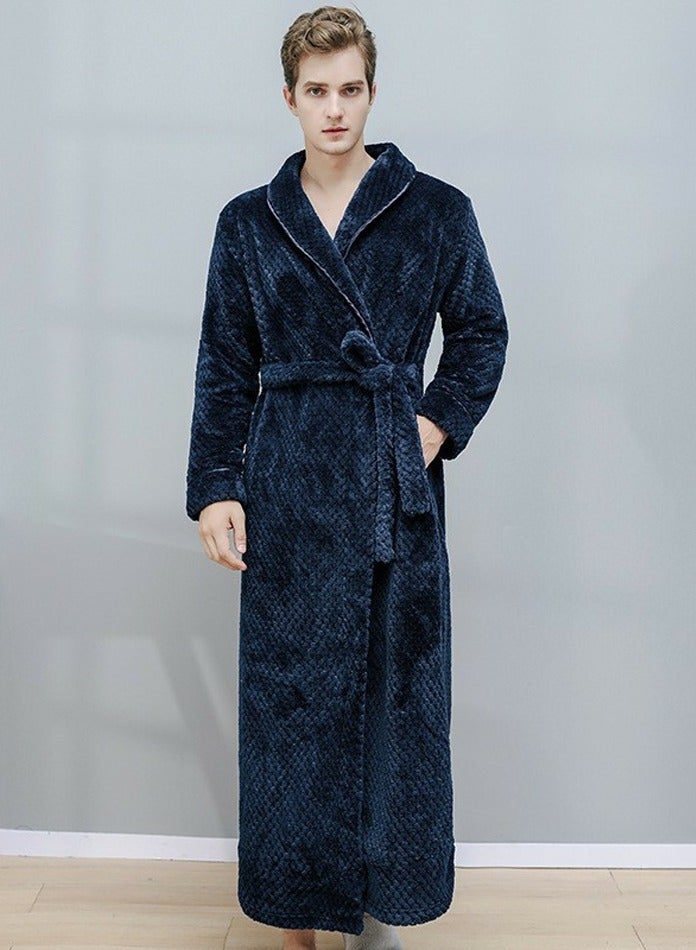 إسكدنيا جنس واحد الشتاء طويل سميكة الشعاب المرجانية الصوف رداء حمام بيجاما مع الحزام الأزرق البحري - Image 1