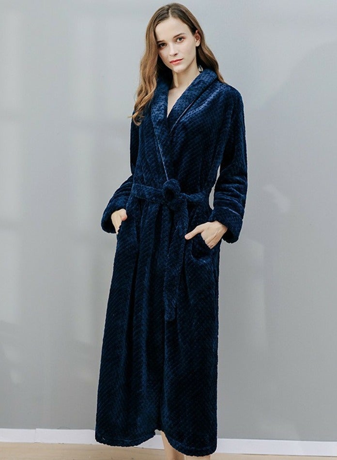إسكدنيا جنس واحد الشتاء طويل سميكة الشعاب المرجانية الصوف رداء حمام بيجاما مع الحزام الأزرق البحري - Image 2