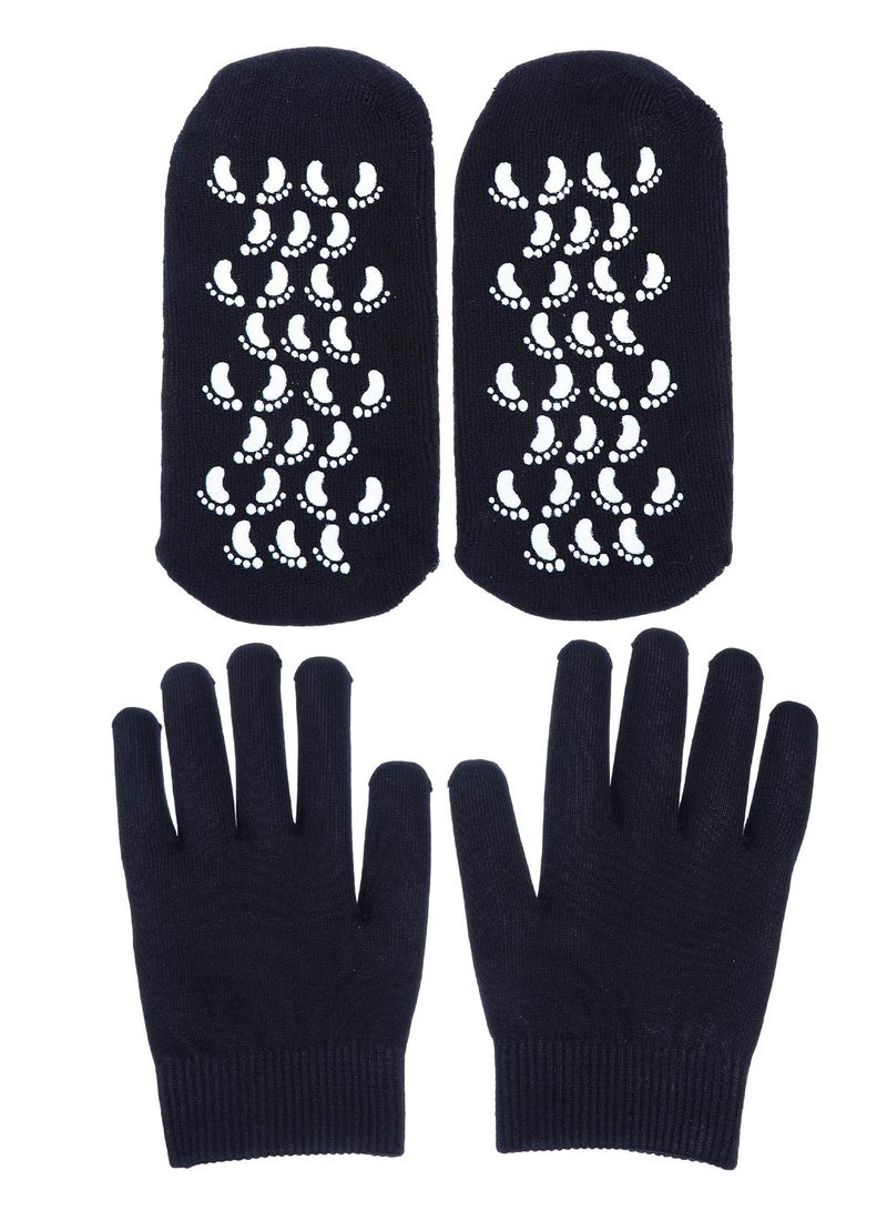KASTWAVE Moisturizing Socks and Gloves Set Soft Cotton with Thermoplastic Gel Repair and Heal Eczema Cracked Dry Skin Gel Lining Infused with Essential Oils and Vitamins Large Size  Black - Image 1