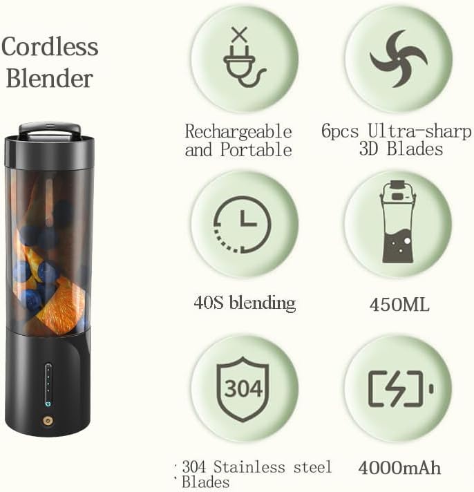 AMINAC Portable Blender, Cordless Blender for Shakes and Smoothies with 16 Oz Cup and Leakproof Lid, Durable Stainless Steel Blades for Powerful Blending Performance, Magnetic Rechargeable, Black - Image 5