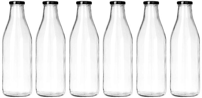 GLASS WATER BOTTLE WITH LID LEAD FREE 1000ML TRANSPARENT SET OF 6