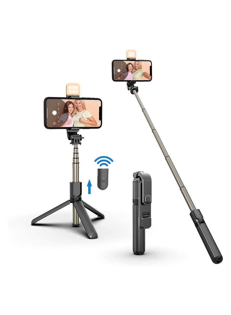 عصا سيلفي LED قابلة للتعتيم مع حامل ثلاثي القوائم وحامل للهاتف - قابلة لإعادة الشحن ومحمولة - Image 1