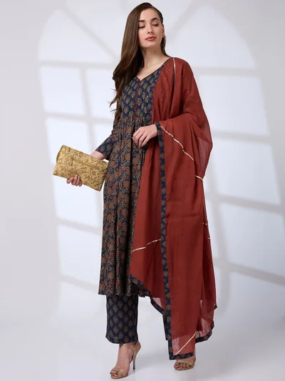 globus Women V-Neck Floral Print Sequin A-Line Kurta With Pant & Gotta Lace Dupatta Workwear Set