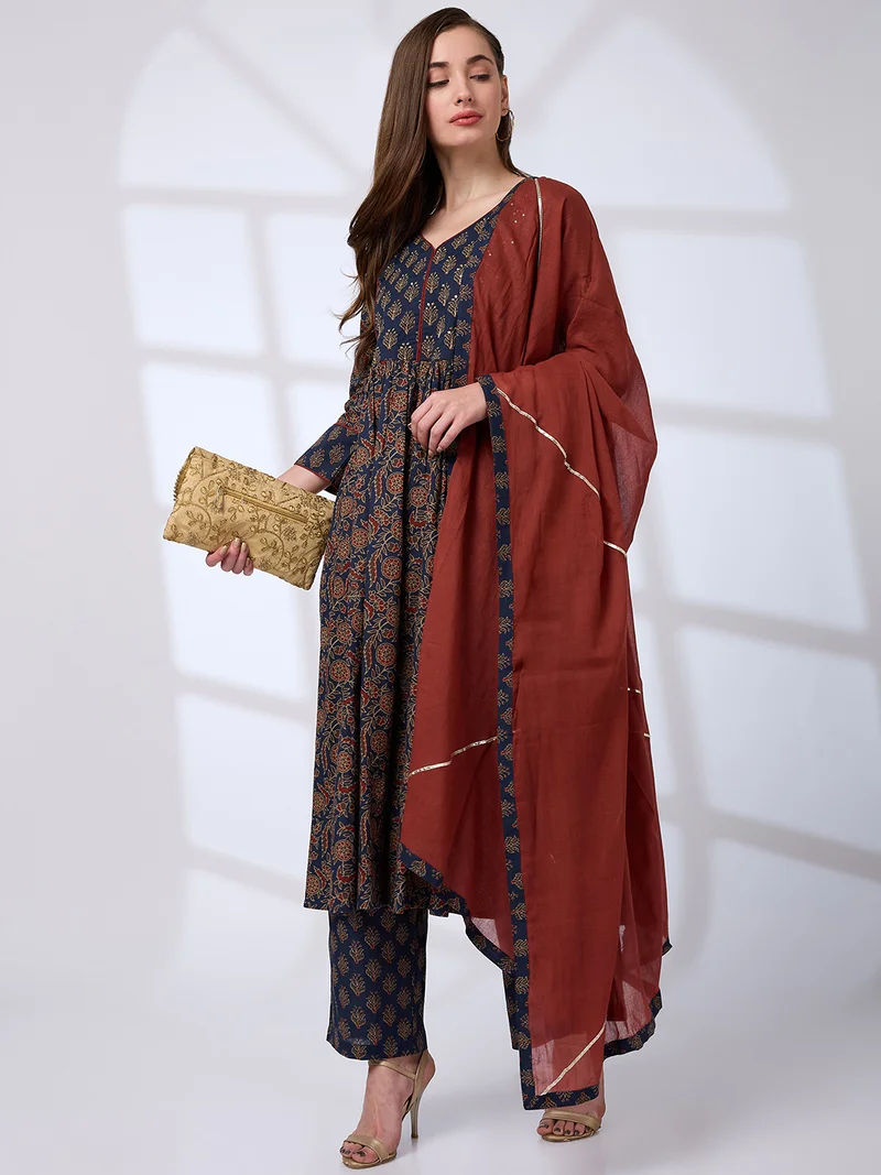 globus Women V-Neck Floral Print Sequin A-Line Kurta With Pant & Gotta Lace Dupatta Workwear Set