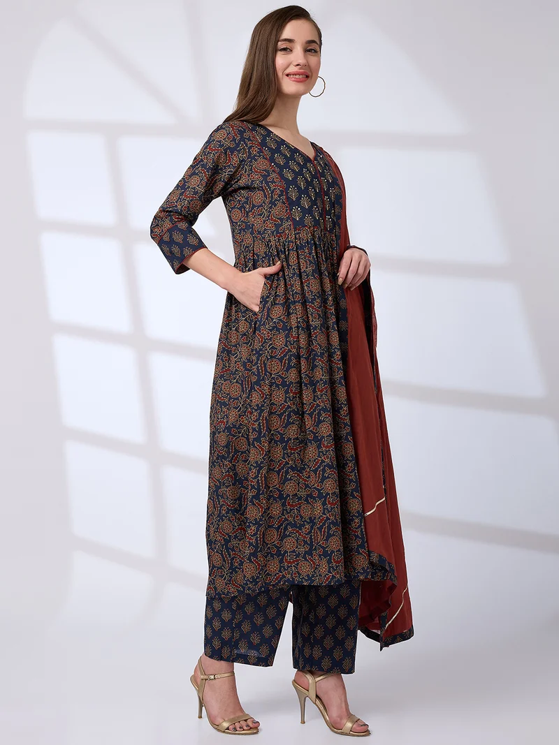globus Women V-Neck Floral Print Sequin A-Line Kurta With Pant & Gotta Lace Dupatta Workwear Set