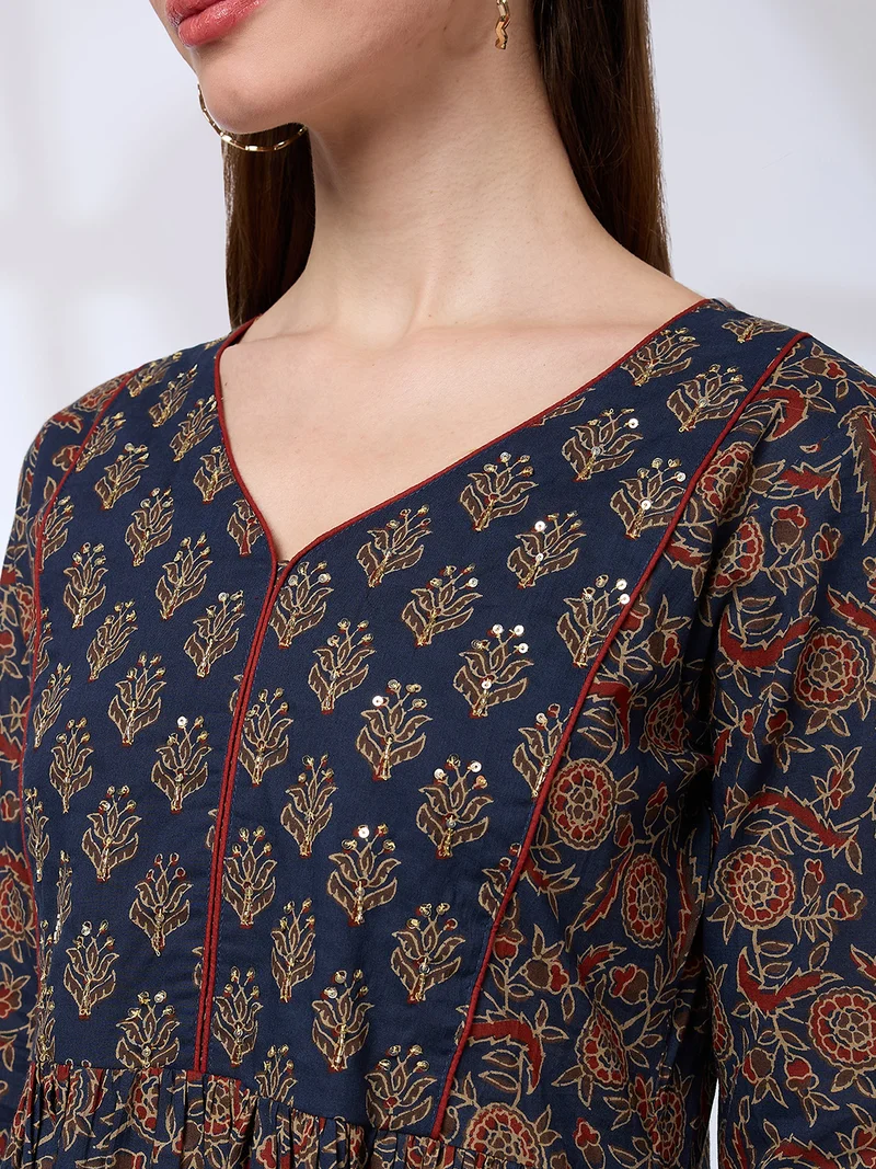 globus Women V-Neck Floral Print Sequin A-Line Kurta With Pant & Gotta Lace Dupatta Workwear Set