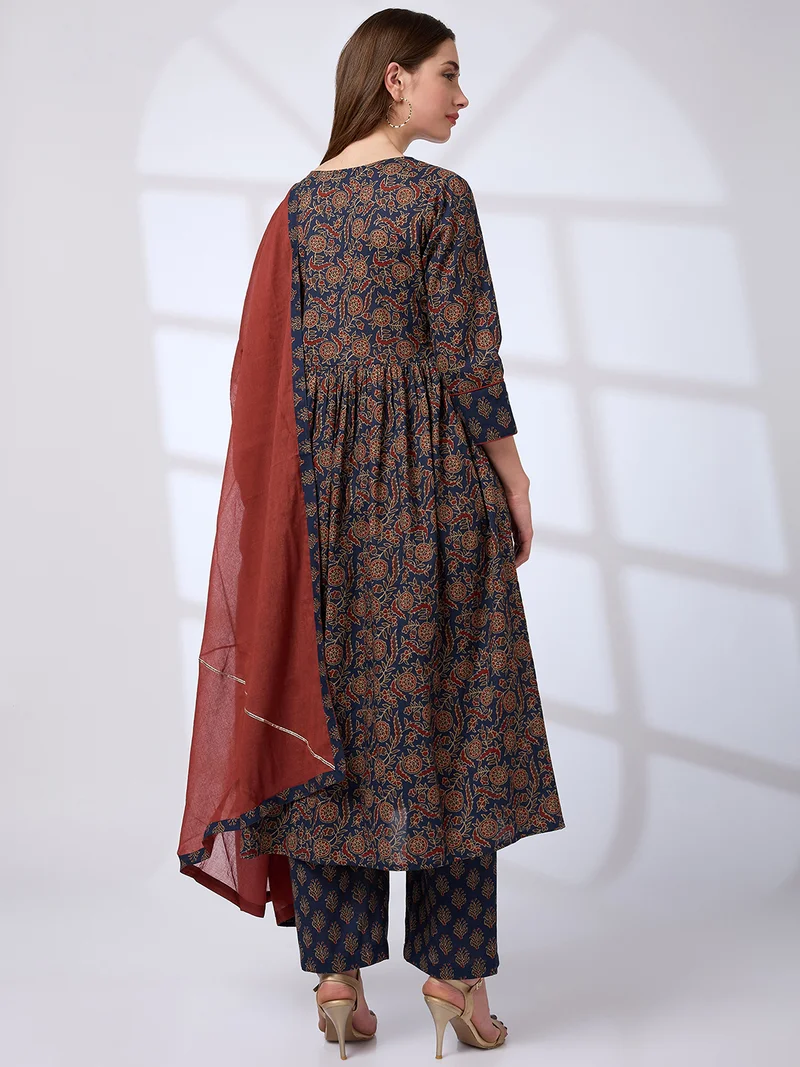globus Women V-Neck Floral Print Sequin A-Line Kurta With Pant & Gotta Lace Dupatta Workwear Set