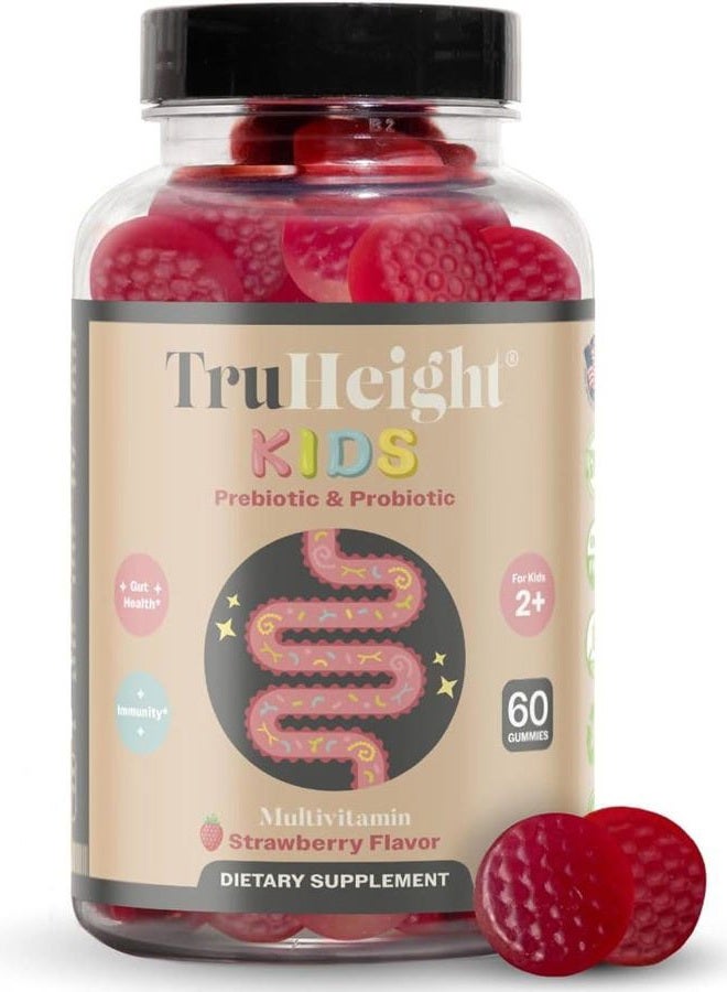 TruHeight  Kids Prebiotic & Probiotic Gummies Ages 2+ (Strawberry Flavor) Toddlers & Kids All Natural Supplement for Digestive Health, Gut & Constipation Relief - Endorsed by Pediatricians Vitamins - Image 1