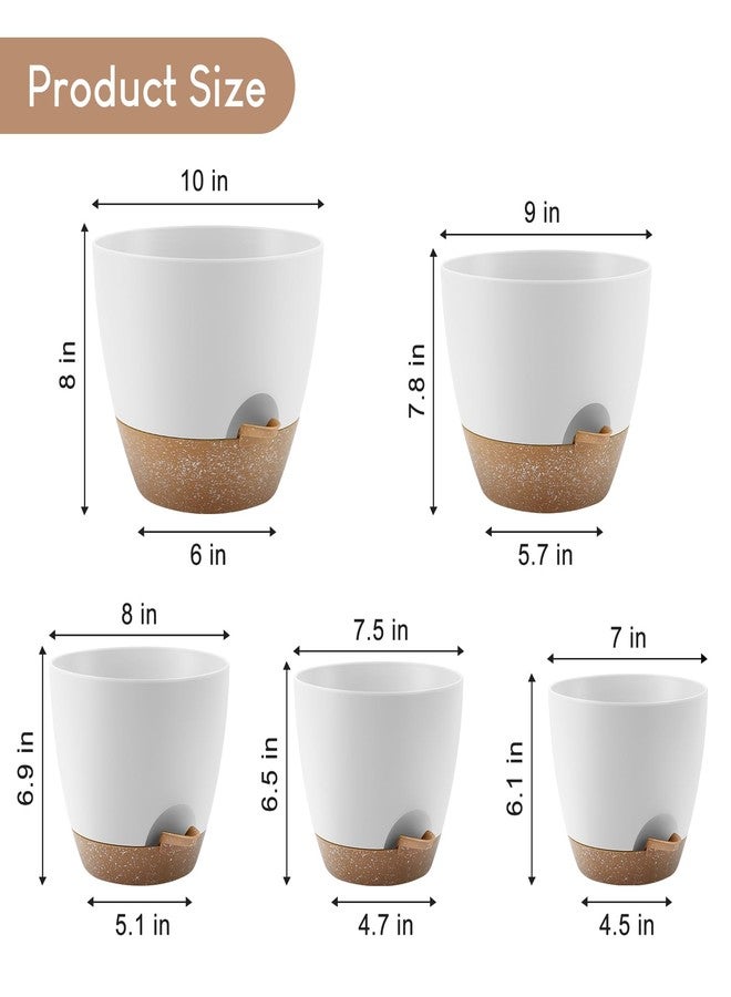 YNNICO Plant Pots 10/9/8/7.5/7 inch, Self Watering Planters with Drainage Holes & Saucers for Indoor and Outdoor Plants (White) - Image 2