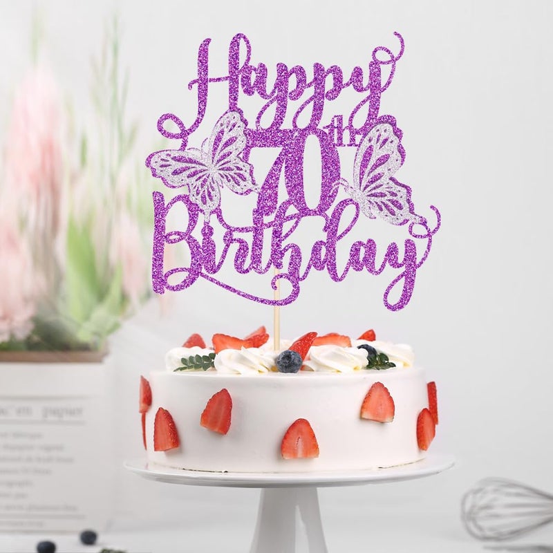Kaoenla 3D Butterfly Happy70Birthday Cake Topper  Glitter seventy/70th Birthday/anniversary  Butterfly Theme Party Cake Decor(70th  Purple) - Image 3