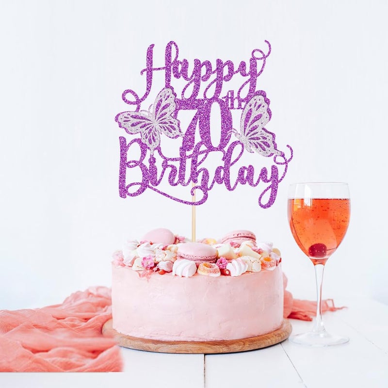 Kaoenla 3D Butterfly Happy70Birthday Cake Topper  Glitter seventy/70th Birthday/anniversary  Butterfly Theme Party Cake Decor(70th  Purple) - Image 4