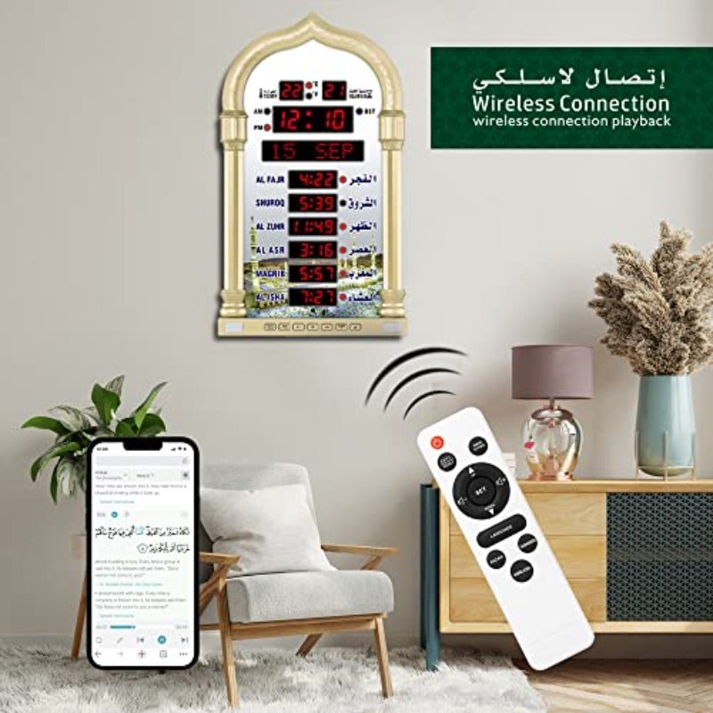 Azan ClockLed Prayer Clock Wall Clock for Read Home Office Digital Azan Clock Decorative Clock Gold - Image 3