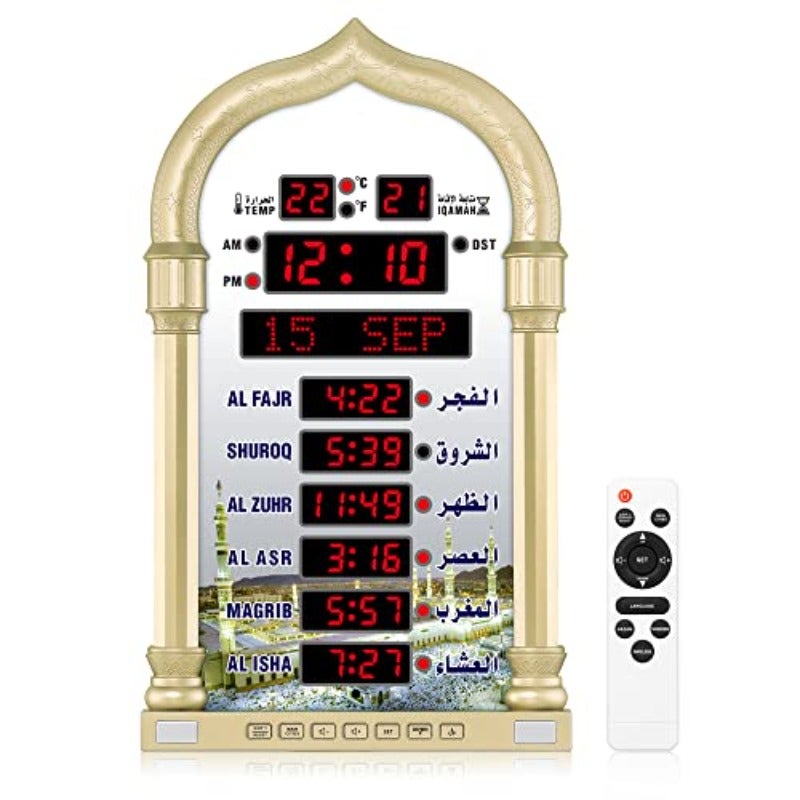 Azan ClockLed Prayer Clock Wall Clock for Read Home Office Digital Azan Clock Decorative Clock Gold - Image 1