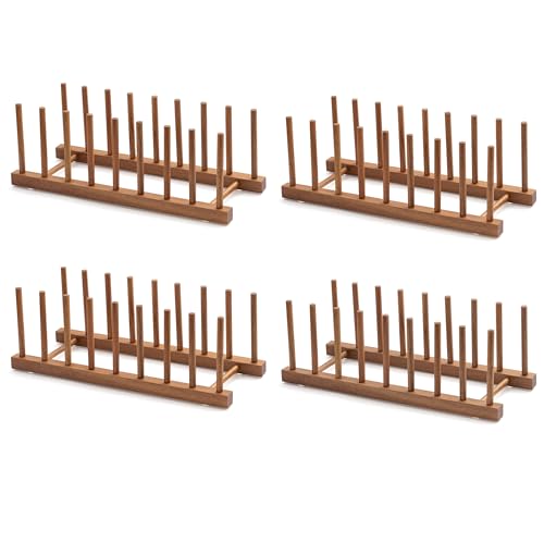 HBlife 4pcs Acacia Wooden Dish Dying Rack Pot Lid Plate Organizer Holder for Cabinet Cutting Board Stand Drainer Storage Plate Rack for Dish Pot Lid Bowl Cup Cutting Board and Books - Image 1