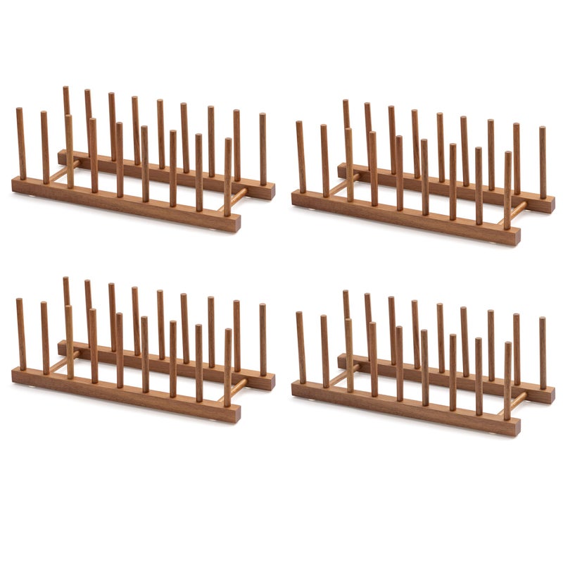 HBlife 4pcs Acacia Wooden Dish Dying Rack Pot Lid Plate Organizer Holder for Cabinet Cutting Board Stand Drainer Storage Plate Rack for Dish Pot Lid Bowl Cup Cutting Board and Books - Image 2