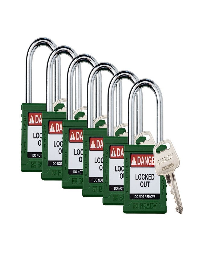 Brady Safety Lockout Padlock Sets - 6 Pack - Green - Keyed Different Safety Lockout Padlocks - 1 Key Per Lock - SDPL-GRN-38ST-KD6 - Image 1