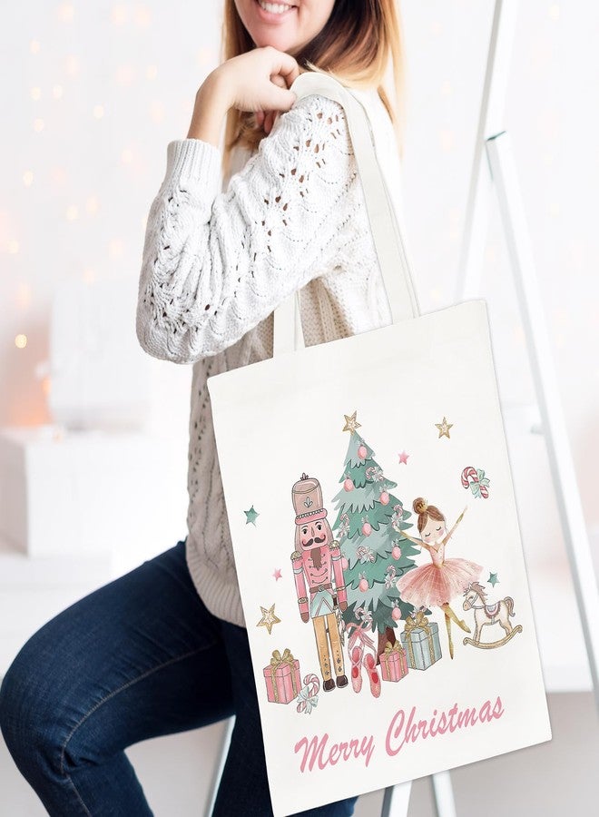 Whaline Christmas Canvas Tote Bag Pink Green Nutcracker Ballet Girl Reusable Tote Bag Merry Christmas Goodie Shopping Bags for Xmas Winter Wrapping Storage Supplies - Image 4
