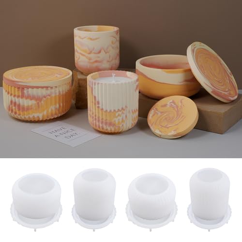 XMOX 4pcs Cup Shape Candle Jar Silicone Mold with Lid, Handmade Storage Bowl Resin Mould, Flower Pot Vase Concrete, DIY Plaster Cast Cement Rings Jewelry Storage Box Mold - Image 1