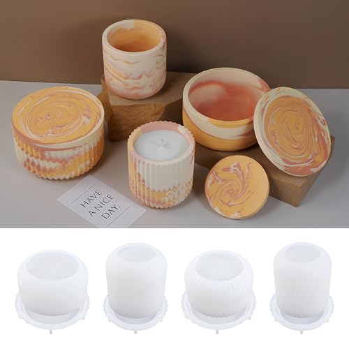 XMOX 4pcs Cup Shape Candle Jar Silicone Mold with Lid, Handmade Storage Bowl Resin Mould, Flower Pot Vase Concrete, DIY Plaster Cast Cement Rings Jewelry Storage Box Mold - Image 4