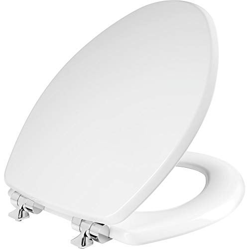 Mayfair Bennett Toilet Seat with Chrome Hinges, Slow Close Wood Seat, Secure Metal Hinges, Easy Install, Made in USA, Elongated, White - Image 1