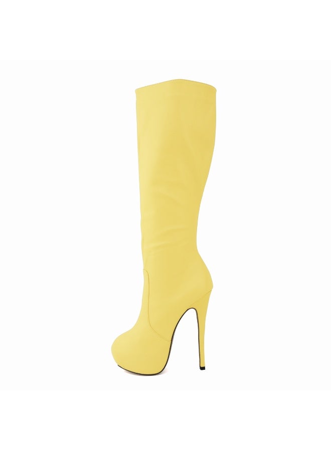 Loquat Faux leather ultra-high heel leg-slimming round-toe knee-high women's boots Heel height: 14cm, platform height: 4cm Yellow - Image 2