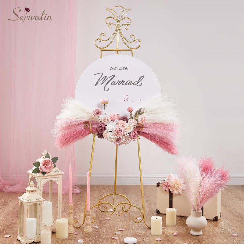 Serwalin Pampas Grass Pink Decor 17.7 Inch 6pcs, Faux Pampas Grass Home Decor, Artificial Pampas Grass Blush Fake Pampas, Short Vase Room Christmas Decoration - Image 2