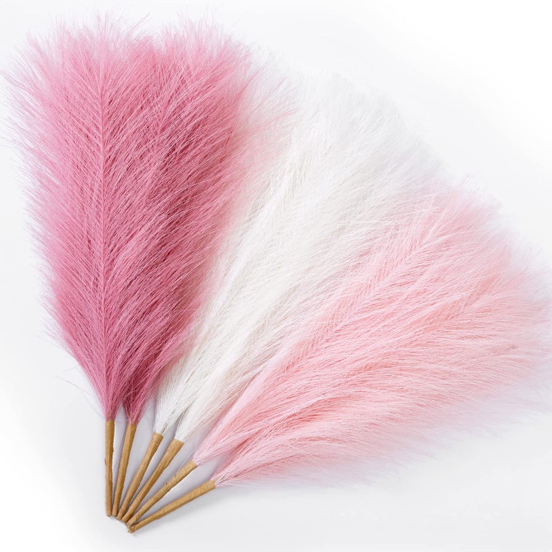 Serwalin Pampas Grass Pink Decor 17.7 Inch 6pcs, Faux Pampas Grass Home Decor, Artificial Pampas Grass Blush Fake Pampas, Short Vase Room Christmas Decoration - Image 1