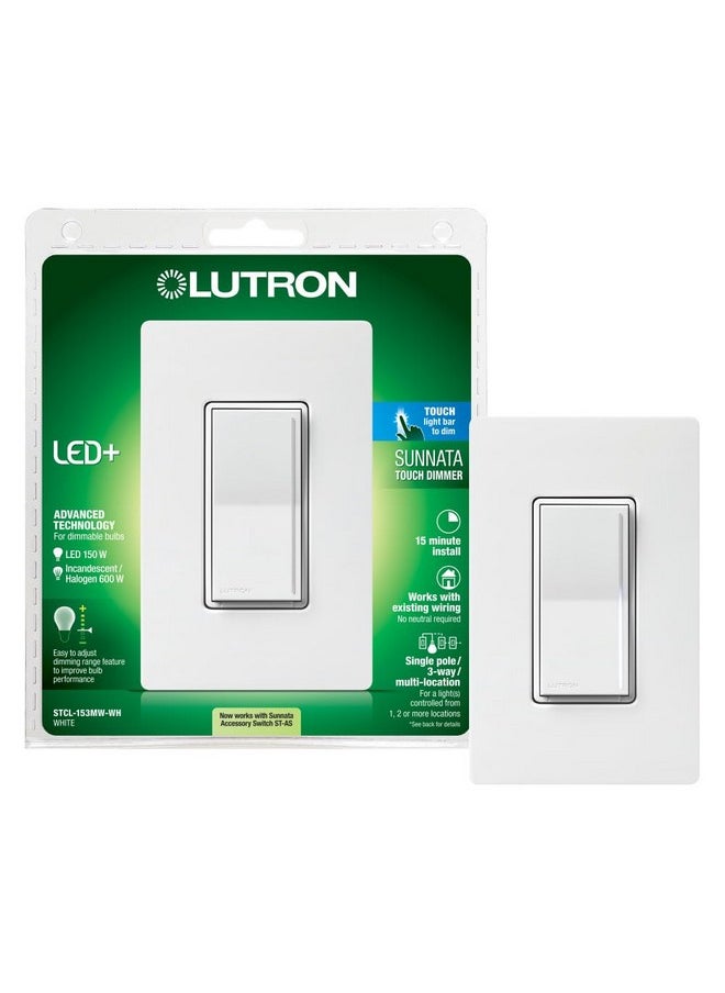LUTRON Lutron Sunnata Touch Dimmer Switch with Wallplate with LED+ Advanced Technology, for LED and Incandescent, 3 Way/Multi Location, STCL-153MW-WH, White  - Image 1