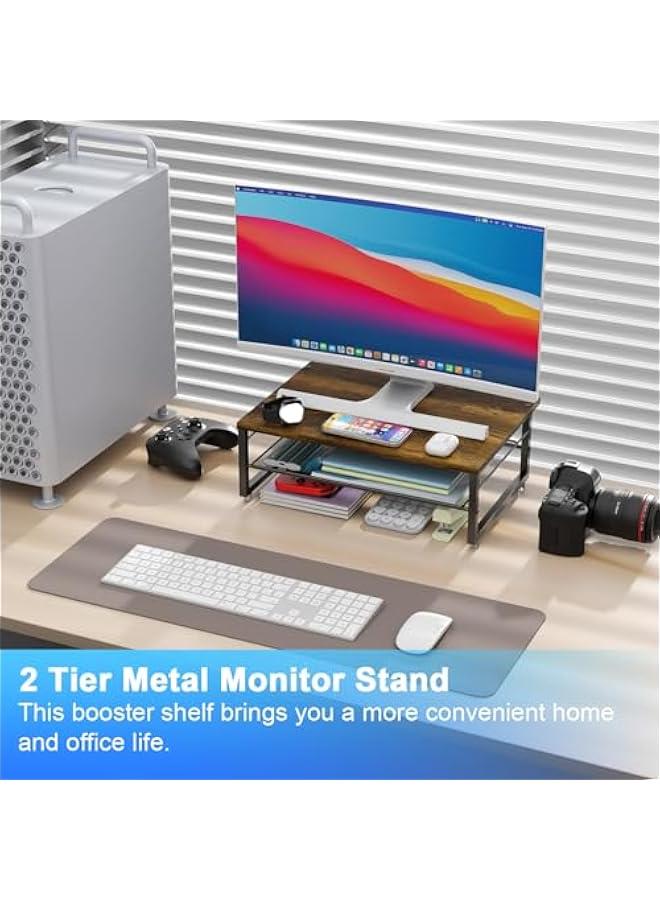 Arabest 2-Tier Metal Monitor Stand Riser, Desk Organizer for Monitor, Office Desk Storage Organizer for Office Supplies (Wood) - Image 2