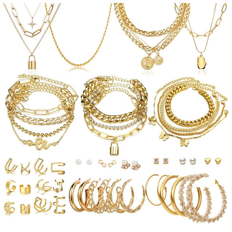 CONGYING 60 PCS Gold Jewelry Set with Multi-Layered Bracelet Necklace, Dangle Earrings, Stackable Ring For Women Valentine Anniversary Jewelry Pack Gifts For Her - Image 1
