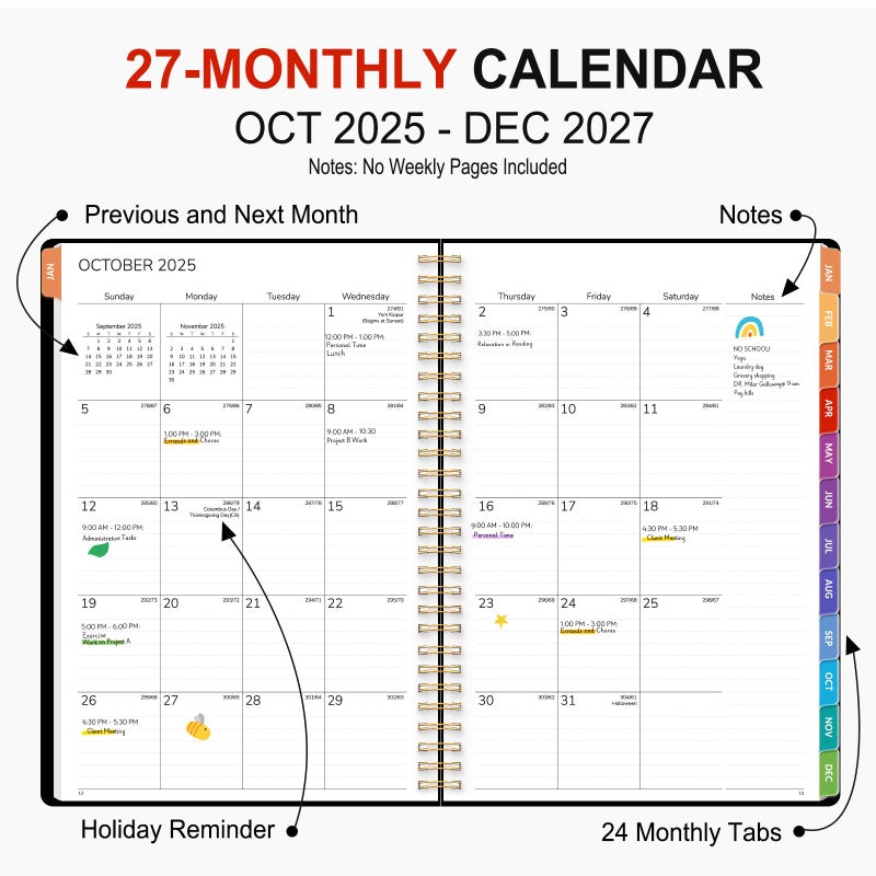 GNL Monthly Planner 2026-2027, 2 Year(27 Months) Calendar Planner, Oct. 2025 - Dec 2027, 7" x 10" Monthly Spreads & Yearly Planner, Perfect for School Office Home Planning, Black - Image 2
