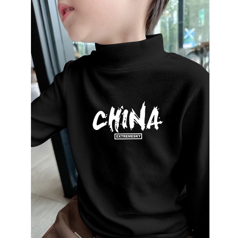 Children'S Half-High Collar Boys' Casual All-Match Long-Sleeved Base Shirt Printed Styish Casual T-Shirt Men'S Top Trendy T-Shirt - Image 1