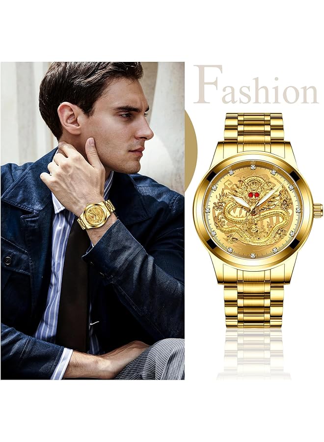 KASTWAVE Men Stainless Steel Quartz Wristwatch With Engraved Dragon Dial Analog Display Luminous Hands Stylish And Durable Timepiece For Everyday Wear - Image 2