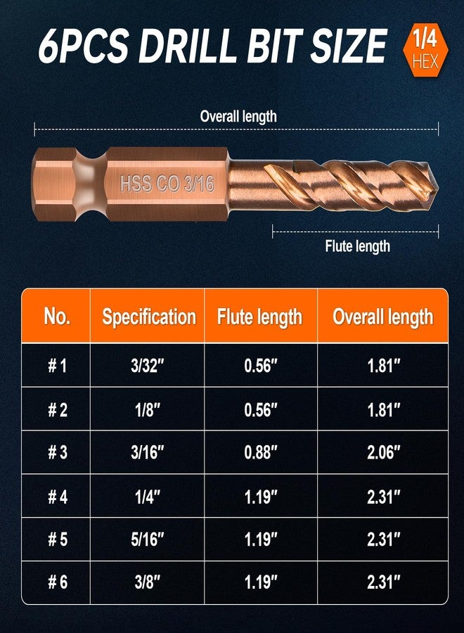 Matework M35 Cobalt Stubby Drill Bits, Matework 6PCS Short Drill Bits for Metal with 1/4" Hex Shank, Sizes 3/32"-1/8"-3/16"-1/4"-5/16"-3/8" Cobalt Drill Bit Set for Hardened Steel Carbide Wood Plastic - Image 3