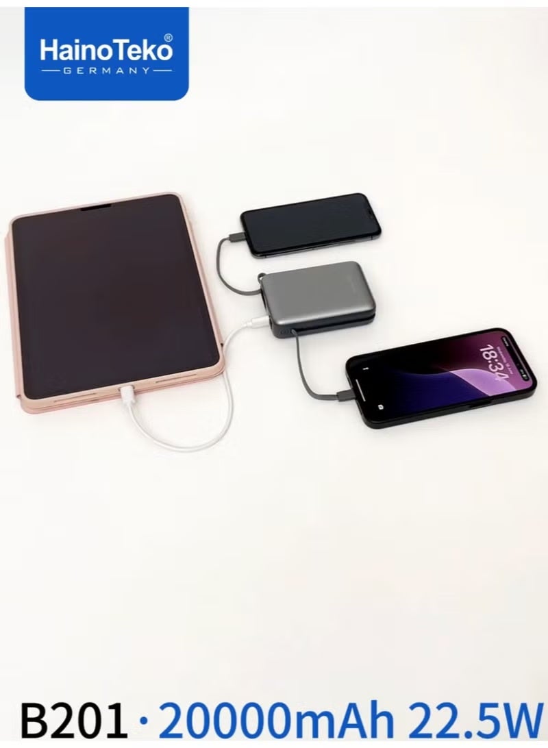 هينوتيكو B201 20000mAh Power Bank with Built-in Type-C & Lightning Cables – 22.5W Fast Charging Portable Charger in Sleek Black – High-Capacity External Battery with Dual Cable Convenience for iPhone, Android & More – Compact, Travel-Friendly Power Solution - Image 4