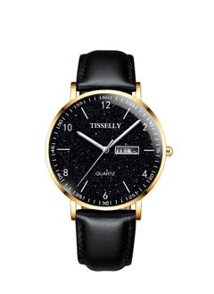 T079 Starry Sky Gold Case Blue Face Black Leather Strap