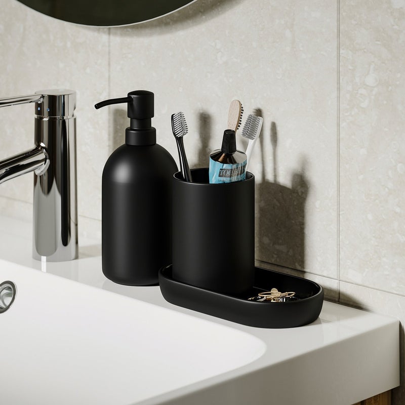 Baitique 3-Piece Bathroom Set in Black Matte Glass with Soap Dispenser, Toothbrush Holder and Tray - Image 2