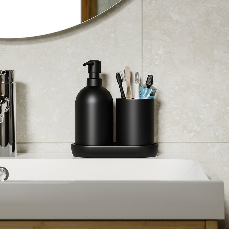 Baitique 3-Piece Bathroom Set in Black Matte Glass with Soap Dispenser, Toothbrush Holder and Tray - Image 3
