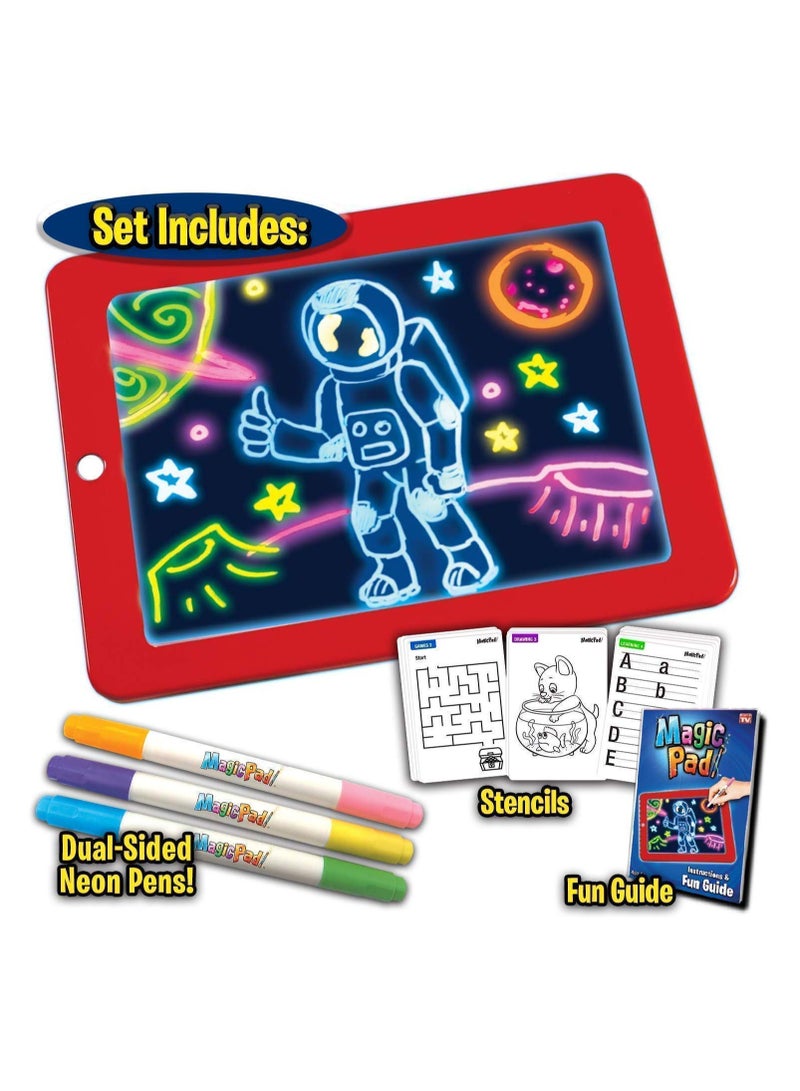 Magic Pad Deluxe Light Up LED Drawing LCD Tablet with Dual Side Markets, Dry Eraser & Stencils  - Image 1