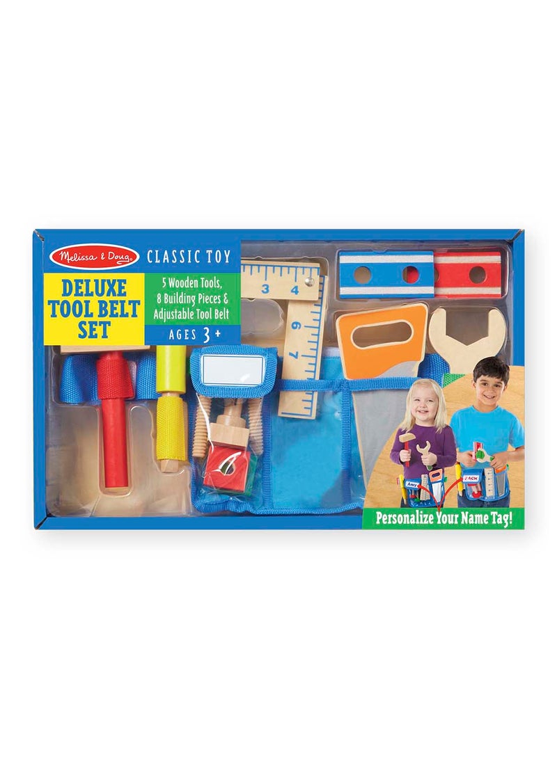 Melissa & Doug Deluxe Tool Belt Set - 5 Wooden Tools, 8 Building Pieces, Adjustable Belt Kids Tool Box Wooden Toy for Ages 3+ - Image 1