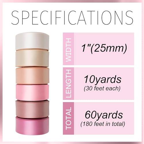 Mlurcu Pink Satin Ribbon 1 Inch Wide Light Pink Blush Pink Dusty Rose Ribbon Assorted Solid Color Double Faced Satin Ribbon for Flower Bouquet Wedding Invitation Crafts Gift Wrapping Hair Bows - 60Yds - Image 2