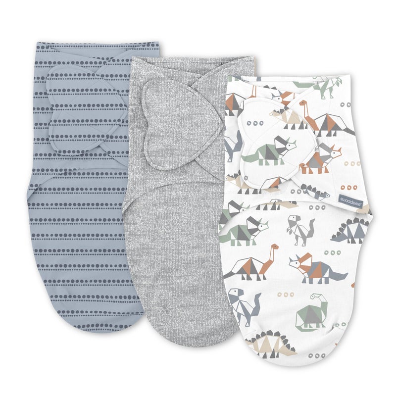 SwaddleMe by Ingenuity Monogram Collection Baby Swaddle, 100% Cotton, Improves Sleep & Calms Startle Reflex, 0-3 Months, Pocket Fold Design for Easy Changes, 1.0 TOG, 3-Pack - Dino Mite - Image 1