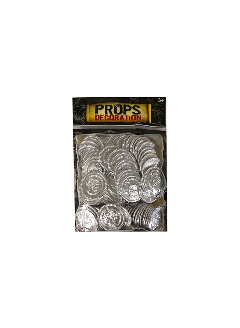 بارتي ويذ إيما 100 قطعة من عملات القراصنة المزيفة من عملات الكنز للأطفال موضوع القراصنة مستلزمات حفلات الهالوين وأعياد الميلاد فضية وذهبية (فضية) - Image 1