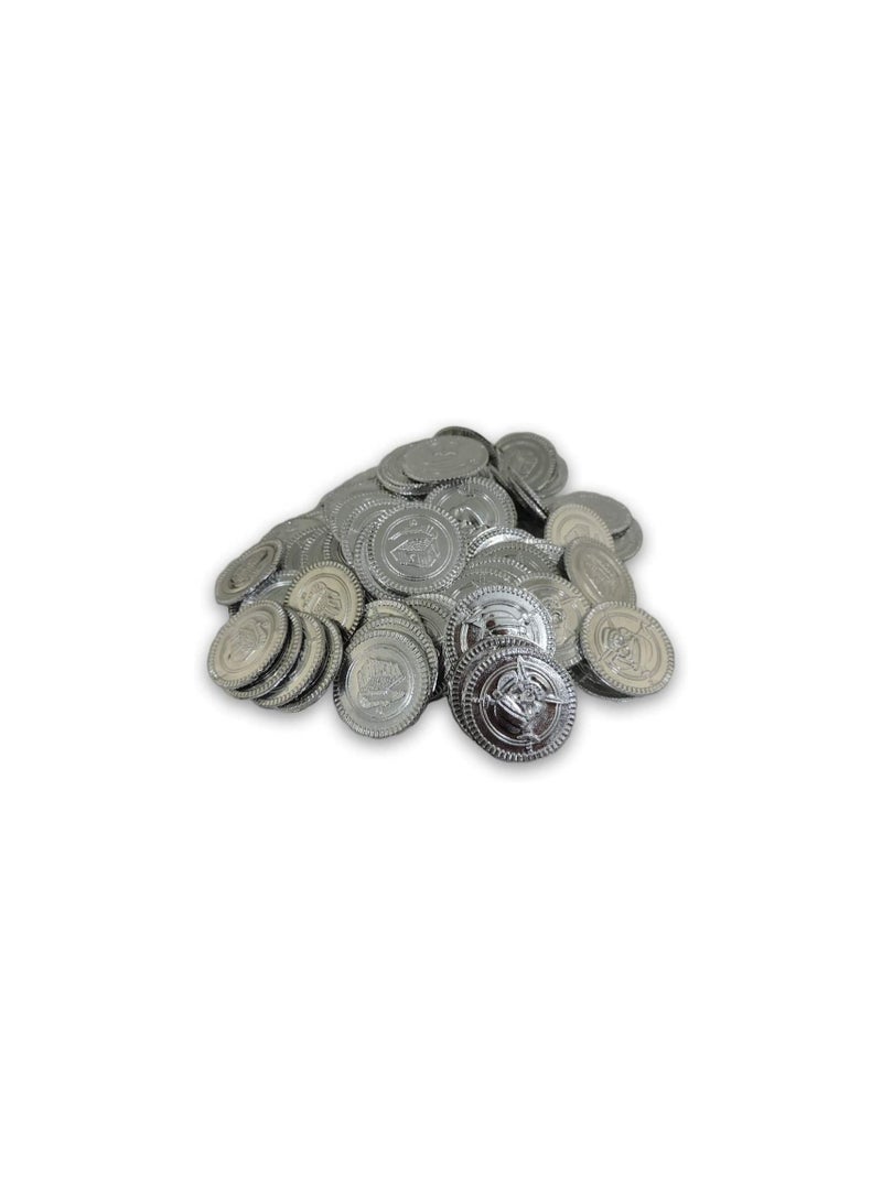 بارتي ويذ إيما 100 قطعة من عملات القراصنة المزيفة من عملات الكنز للأطفال موضوع القراصنة مستلزمات حفلات الهالوين وأعياد الميلاد فضية وذهبية (فضية) - Image 3