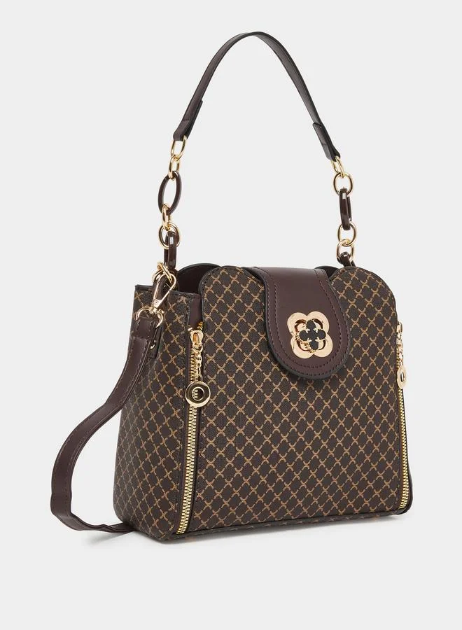 Take Two Take Two Brown Patterned Shoulder Bag with Zip Detail